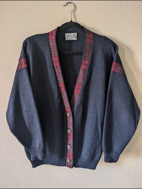 Pendleton Navy Cardigan with Red Plaid Trim